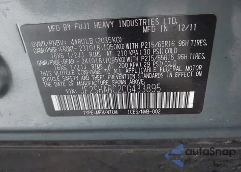 2012 Subaru Forester 2.5X z USA, uszkodzony, nr VIN JF2SHABC2CG433895